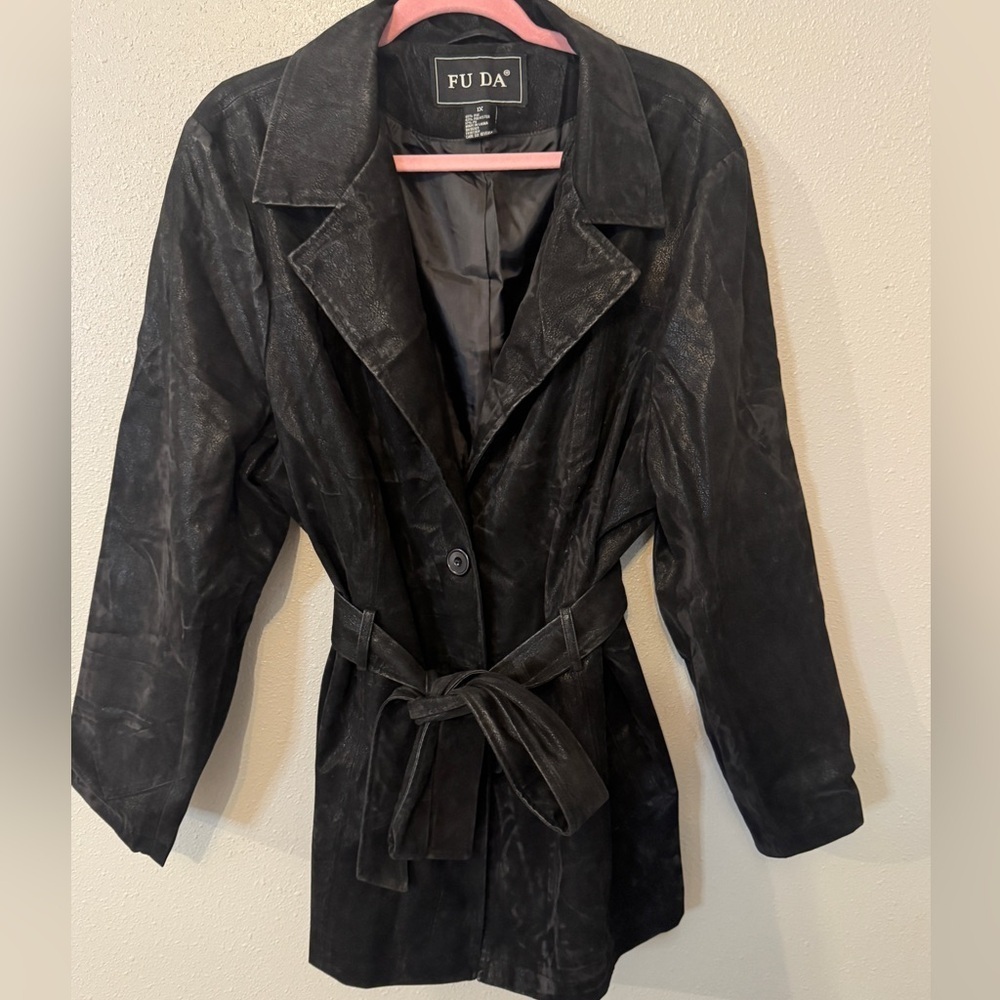 FU DA Black Faux Leather Suede Tie Front Trench Coat Retro Streetwear Womens 1X